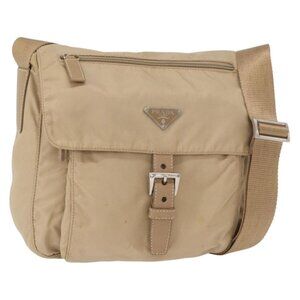 Authentic PRADA Shoulder Bag Nylon Beige Silver